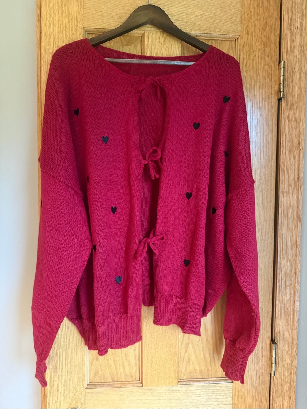 Red Embroidered Heart Front Tie Stretchy Knit Cardigan Sweater Women’s 5XL